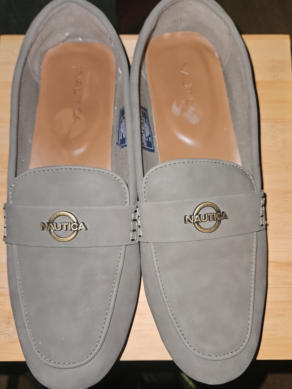 Nautica Women’s Gray Suede Slip-On Loafers with Gold Logo Accent